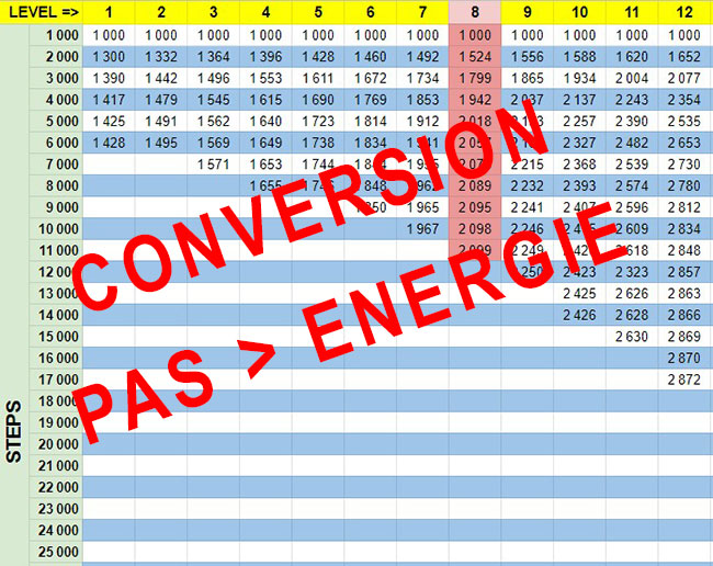 Tableau de Conversion Pas-Energie en fonction du Level